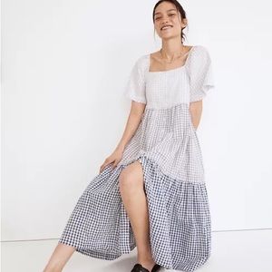 Madewell Patchwork Gingham Button-Front Tiered Midi Dress